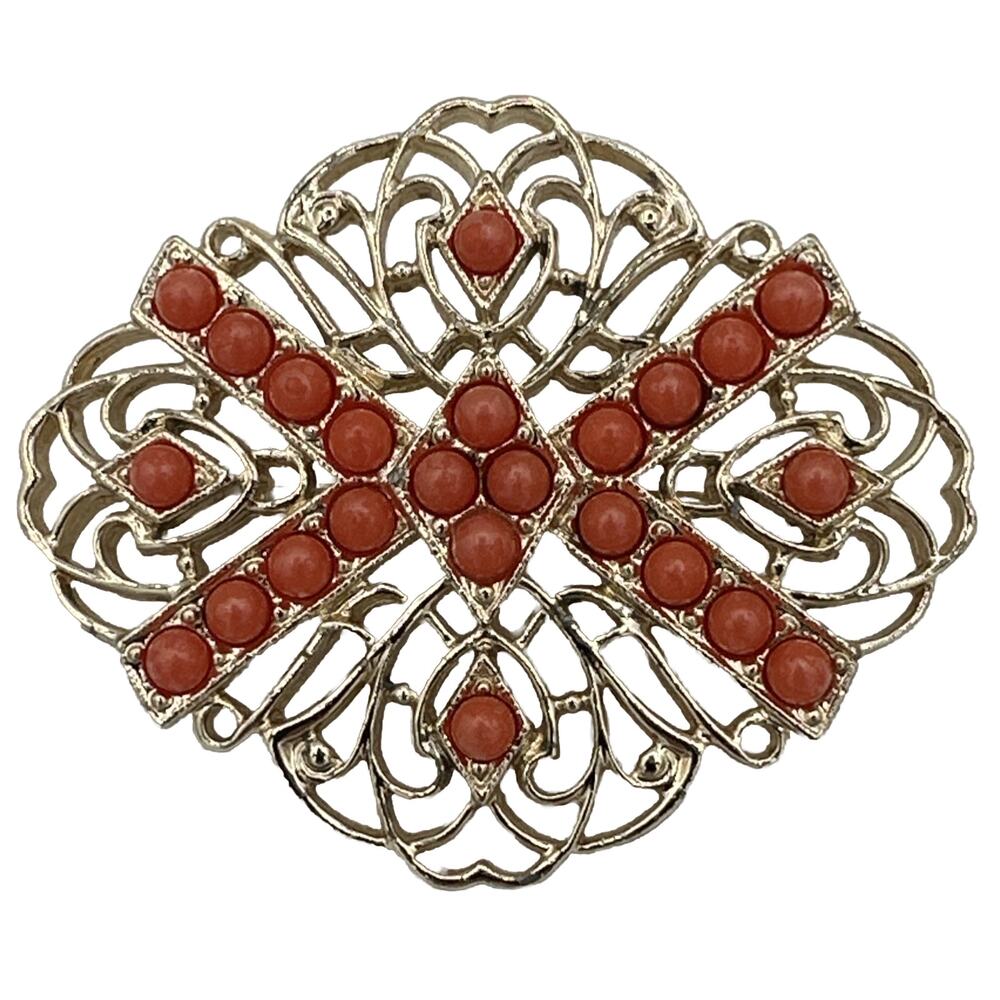 Vintage Sarah Coventry Coral Orange Gold Tone Filigree Brooch Pin